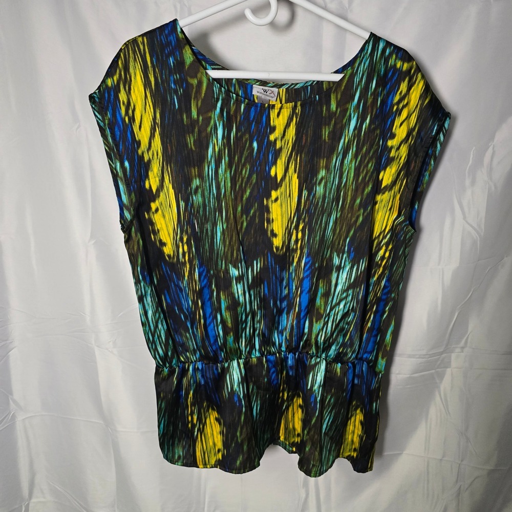 Worthington Womens Large Blue Yellow Abstract Elastic Waist Sleeveless Blouse